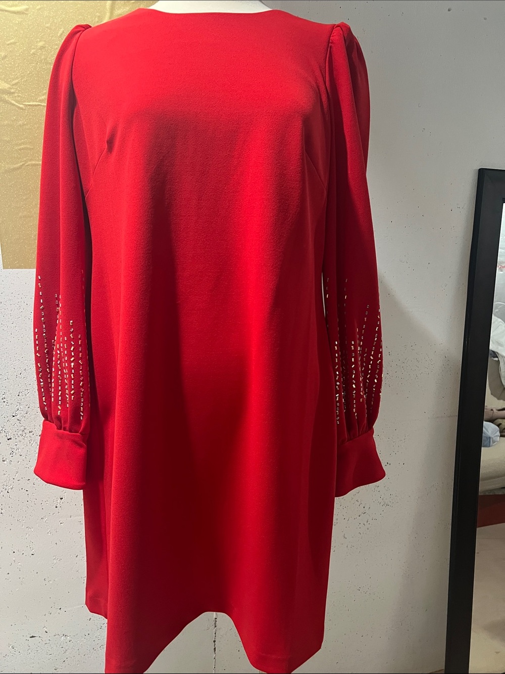 Calvin Klein Red Long Sleeve Shift Dress with Embellished Sleeves